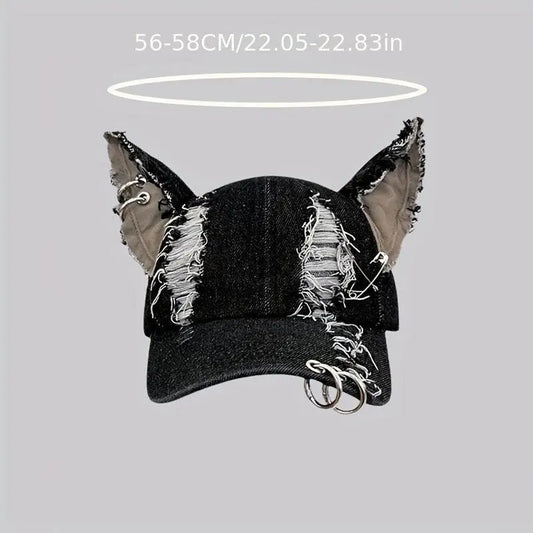 Y2K-Inspired Distressed Denim Baseball Cap with 3D Ears - Adjustable, Lightweight & Sun-Protective for Women - SS69