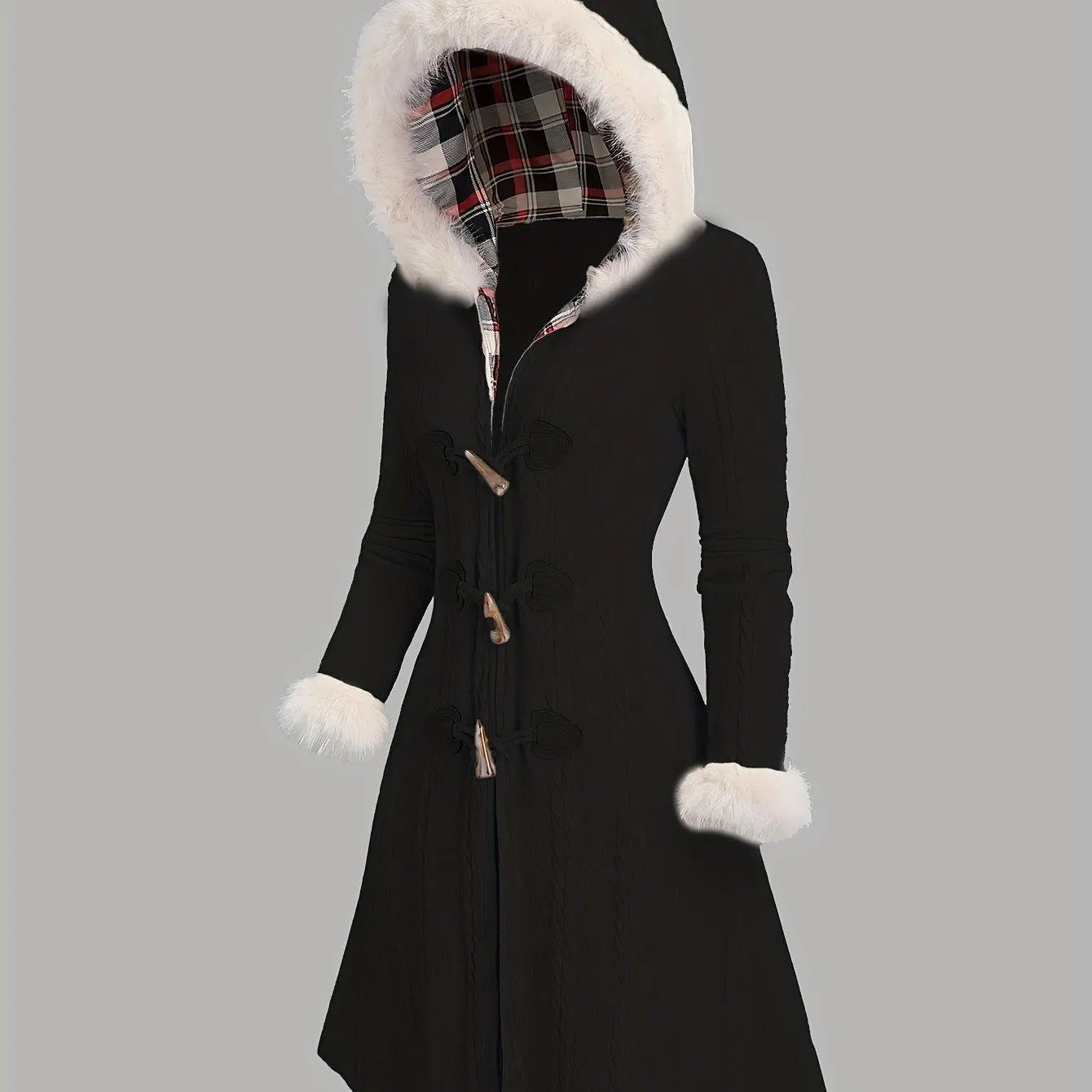 Y2K-Inspired Plaid Hooded Knit Coat with Faux Fur Trim, Horn Buttons - Long, Warm & Stylish for Women, Machine Washable, Y2K, Plaid, Faux Fur - SS69