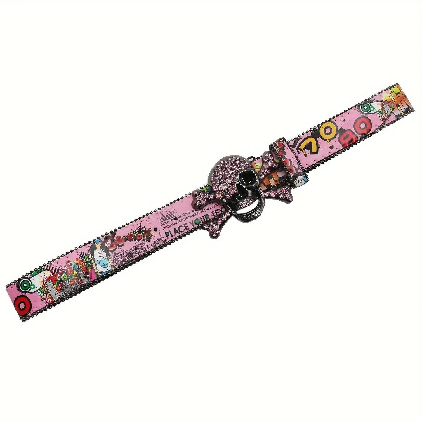 Y2K-Inspired Vintage Hip Hop Belt with Rhinestone Skull Buckle - Classic Western Style, Faux Leather Waistband for Jeans & Pants SS69