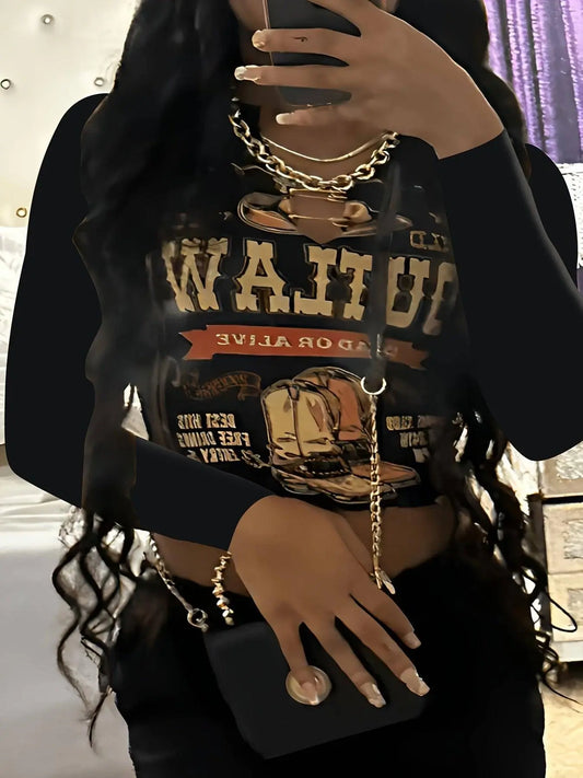 Y2K Letter Print Notched Neck T-shirt, Long Sleeve Top For Fall & Winter, Women's Clothing SS69