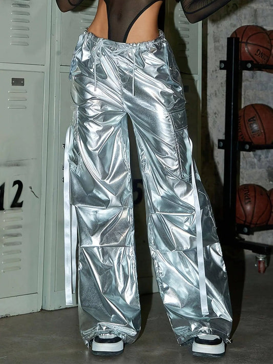 Y2K Party Style Metallic Color Silver Tone Loose Fit Streetwear Drawstring Elastic Waistband Cargo Jeans, Women's Denim Jeans & Clothing SS69