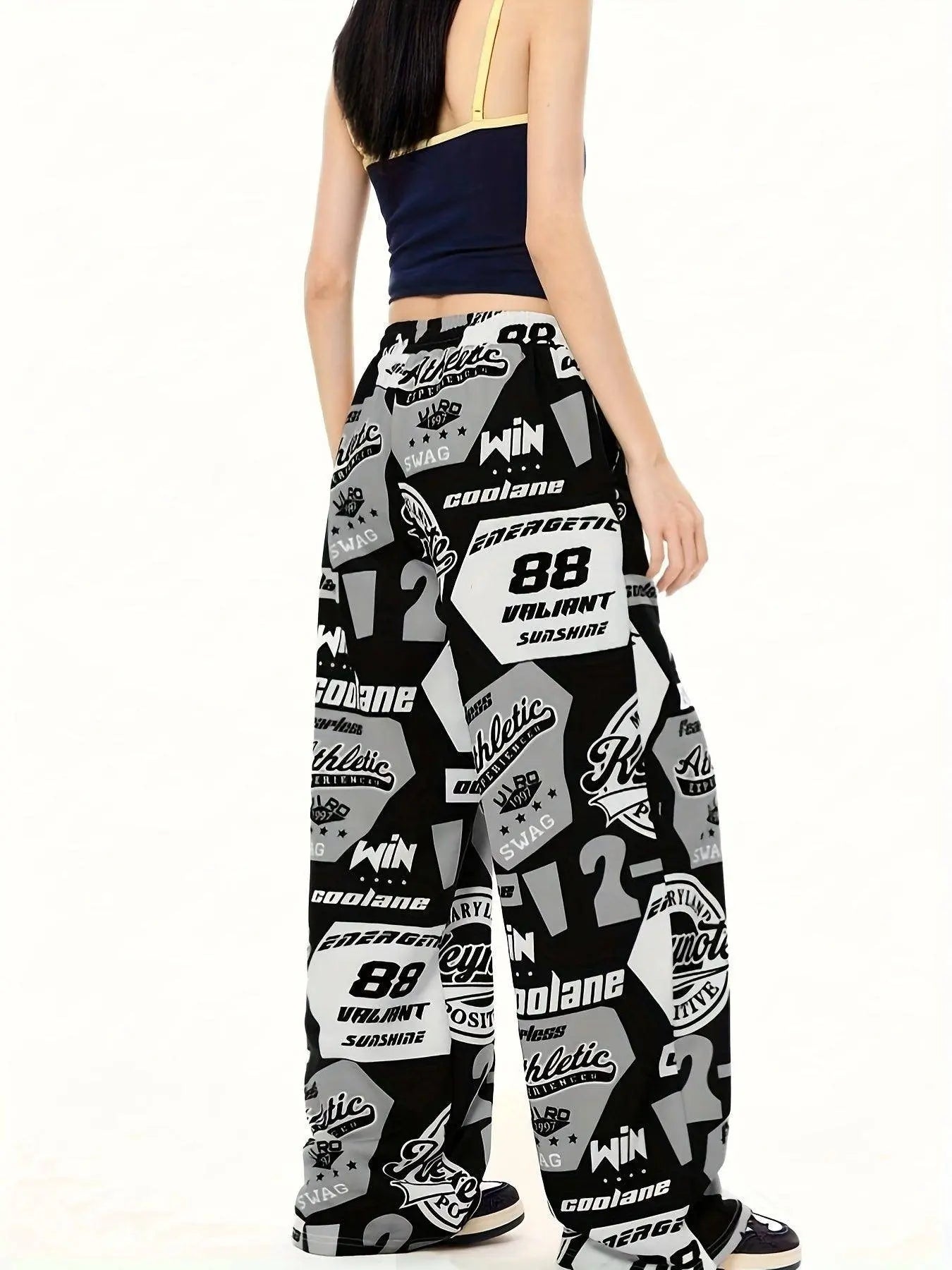 Y2K Style Women's Plus-Size Knit Sweatpants with Drawstring, Polyester Athletic Print Pants, Alphabet Pattern, All-Season Adult Loungewear - SS69