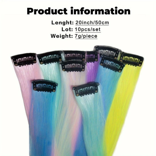 YONGYI 10-Pack Luminous Synthetic Straight Hair Extensions - 50.8cm Glow in The Dark Clip-In Party Highlights - Women's Music Festival & Event Hairpieces - All Ages (14+) Accessory SS69