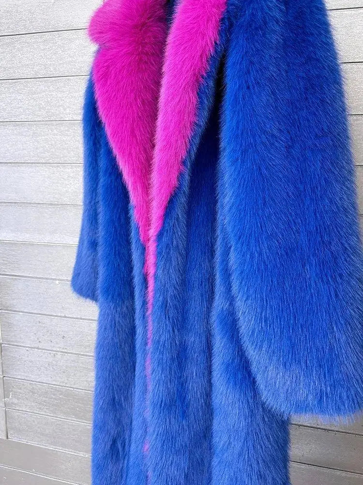 ZADORIN Super Long Fluffy Faux Fox Fur Trench Coat Women Lapel Contrast Color Furry Jacket Winter Clothes Women 2025 Fur Coats SS69