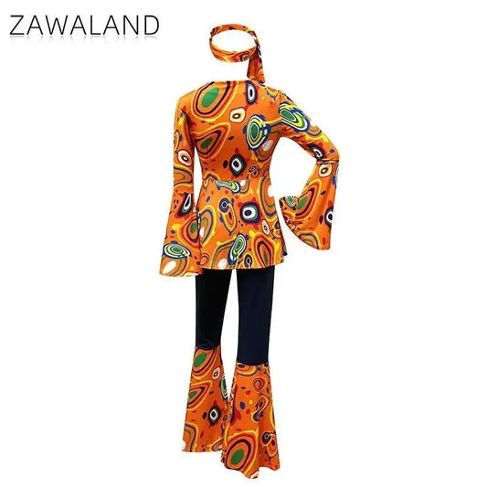 Zawaland Women's Disco Dress Sets Hip Hop Cosplay Costume Female Fashion Floral Printing Top Pants Patchwork Suit Clothes SS69