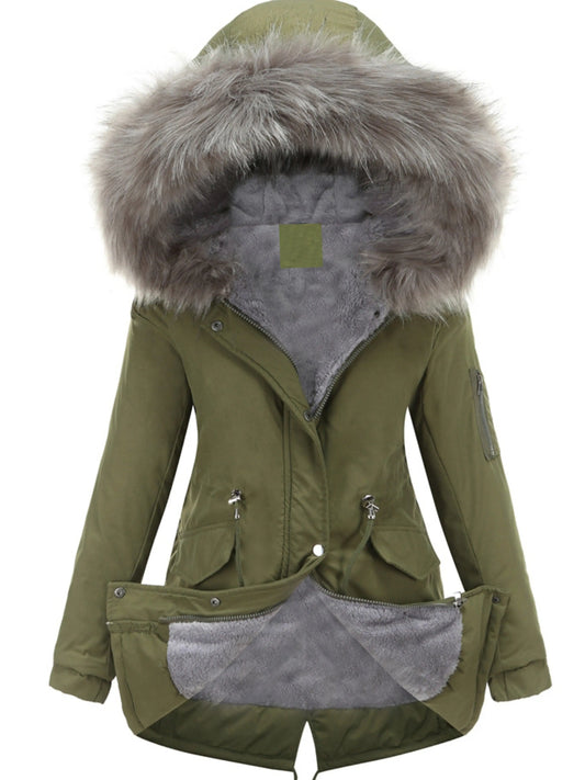 Zip-up Fuzzy Hoodie Parka Coat, Casual Thermal Long Sleeve Drawstring Waist Faux Fur Lined Warm Coat For Fall & Winter, Women's Clothing SS69