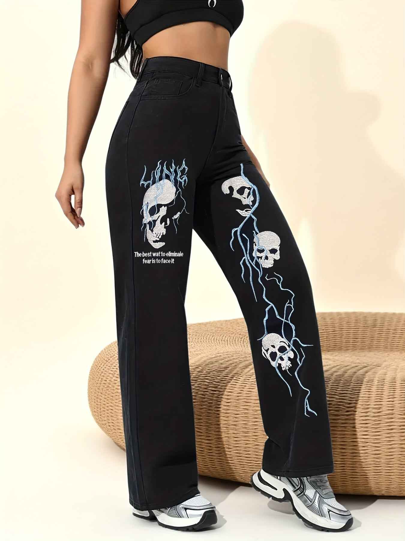 Women's High-Waisted Wide-Leg Jeans with Gothic Skull & Bone Embellishments - Black & White Stretch Pants, All-Season Casual Streetwear, /Edgy Outfits (Machine Washable) - Loose Fit Trousers with Pockets