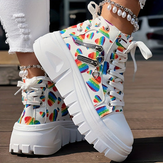 Heart Print Double Zipper Design Lace-up Sneakers SS69