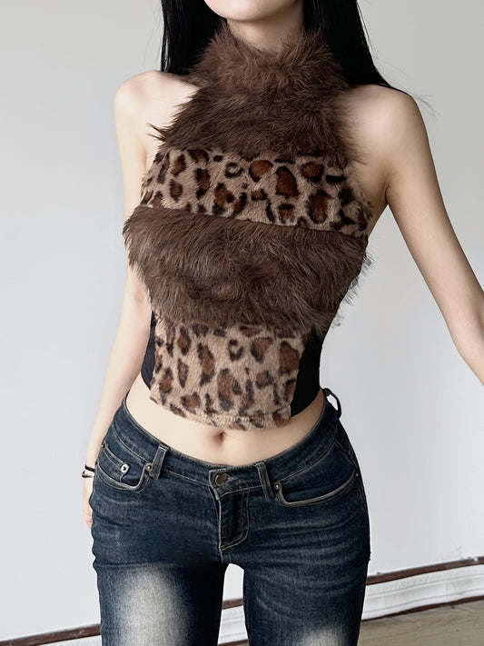 Retro Furry Patchwork Leopard Print Color-Blocked High-Neck Crop Top, Sleeveless And Sexy Backless, Inspired by Japanese And Korean Street Fashion. SS69