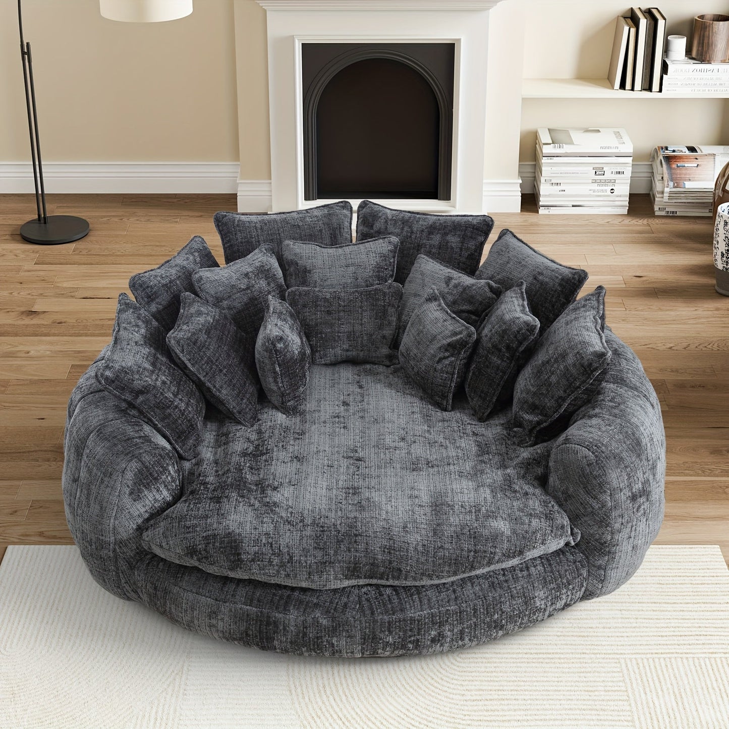 81.1" W Oversized Round Chaise Lounge, Fluffy Lazy Bean Bag Sofa With 14 Pillows, Comfy Chenille Upholstered Barrel Sleeper Bed, Modern Deep Seat Cloud Couch For Living Room Apartment SS69 783.69 Dark Gray