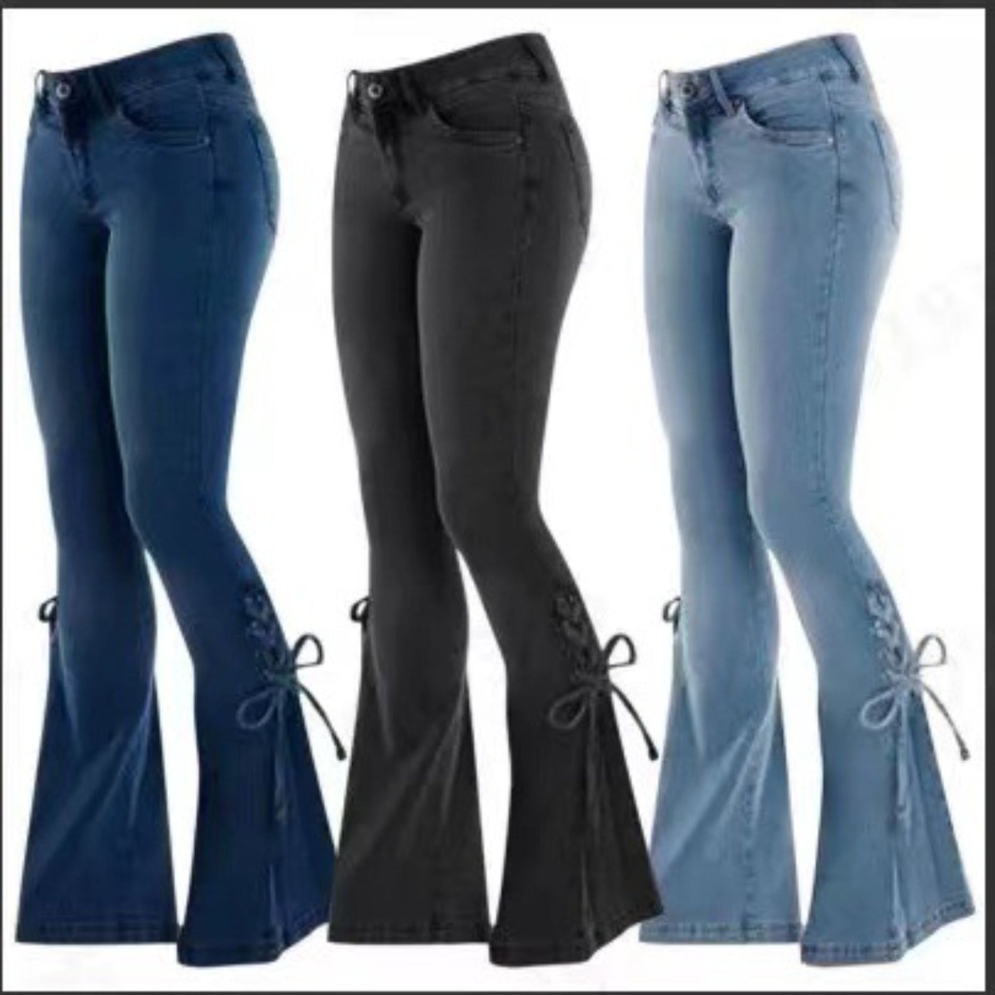 Women'S 100% High-Stretch Mid-Rise Slim Flared Jeans with Tie-Front Detail - SS69