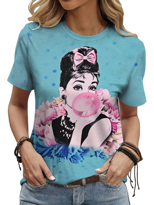 Women'S Casual Crew Neck Short Sleeve T-Shirt - Polyester & Spandex Blend, Breathable 3D Print with Elegant Portrait & Floral Bubble Graphic, All-Season Top for Casual Attire, Versatile Clothing | Playful Graphic Tee | Glossy SS69