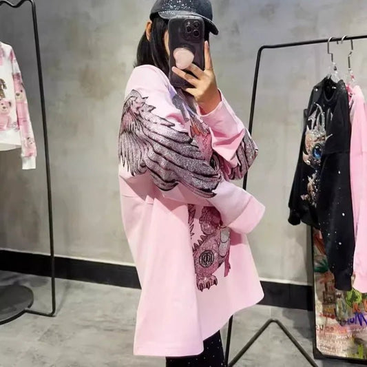 Cartoon Hot Diamonds Dinosaurs Plus Size Tops Y2K Streetwear Sweet Cute Fashion Large Size Tops Spring New High Street T-shirts - SS69