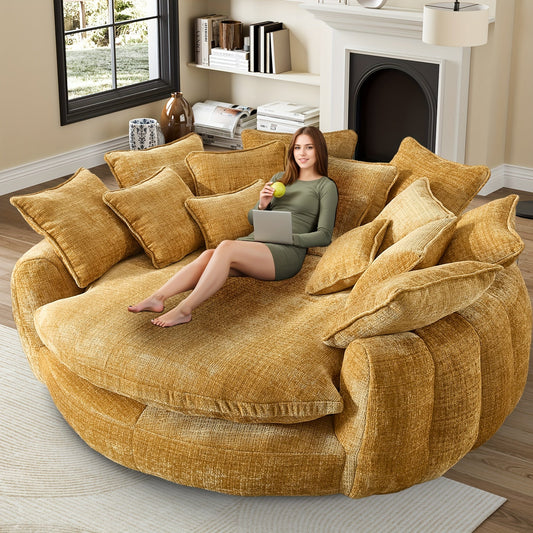 81.1" W Oversized Round Chaise Lounge, Fluffy Lazy Bean Bag Sofa With 14 Pillows, Comfy Chenille Upholstered Barrel Sleeper Bed, Modern Deep Seat Cloud Couch For Living Room Apartment SS69