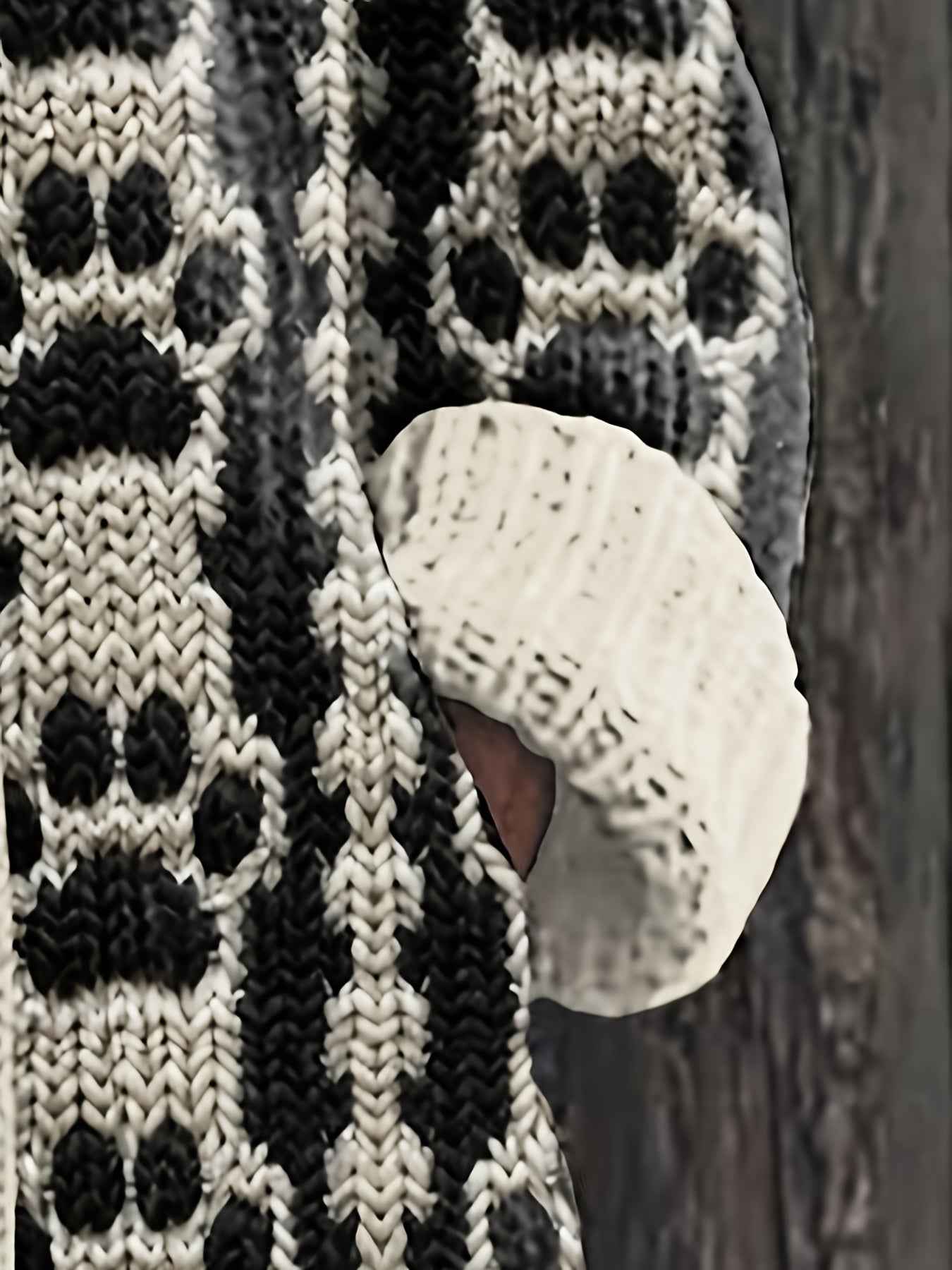 Plus Size, Plus Size Women's Oversized Hooded Cardigan Sweater Coat - Black & White Geometric Striped All-Over Print, Button-Front Jacket with Pocket, Soft Stackable Collar, Winter Warm Coat for Casual & Formal Wear (Hand Was