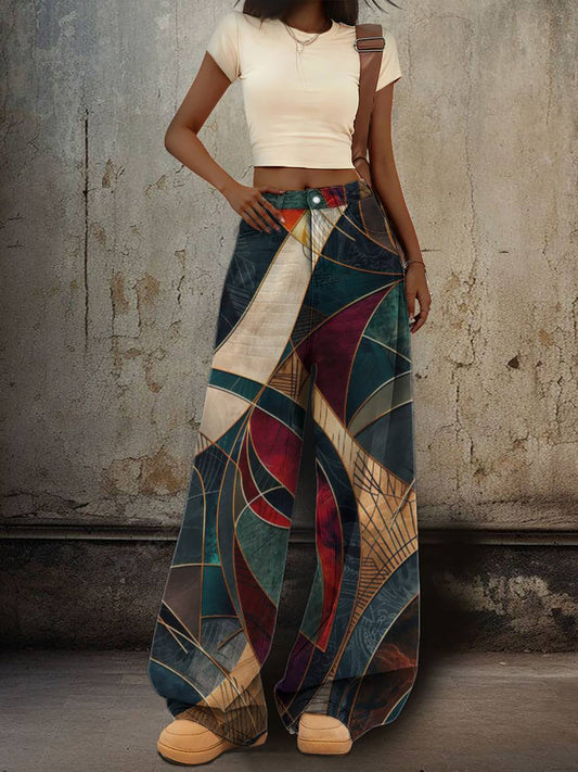 1 Pair Women's Retro High-Waist Wide-Leg Denim Pants, Casual Patchwork Print with Geometric Patterns in Teal, Golden, Brown & Red, All-Season Comfort, Machine Washable, Comfortable Fashion | Colorful Patchwork | Denim Materia - SS69