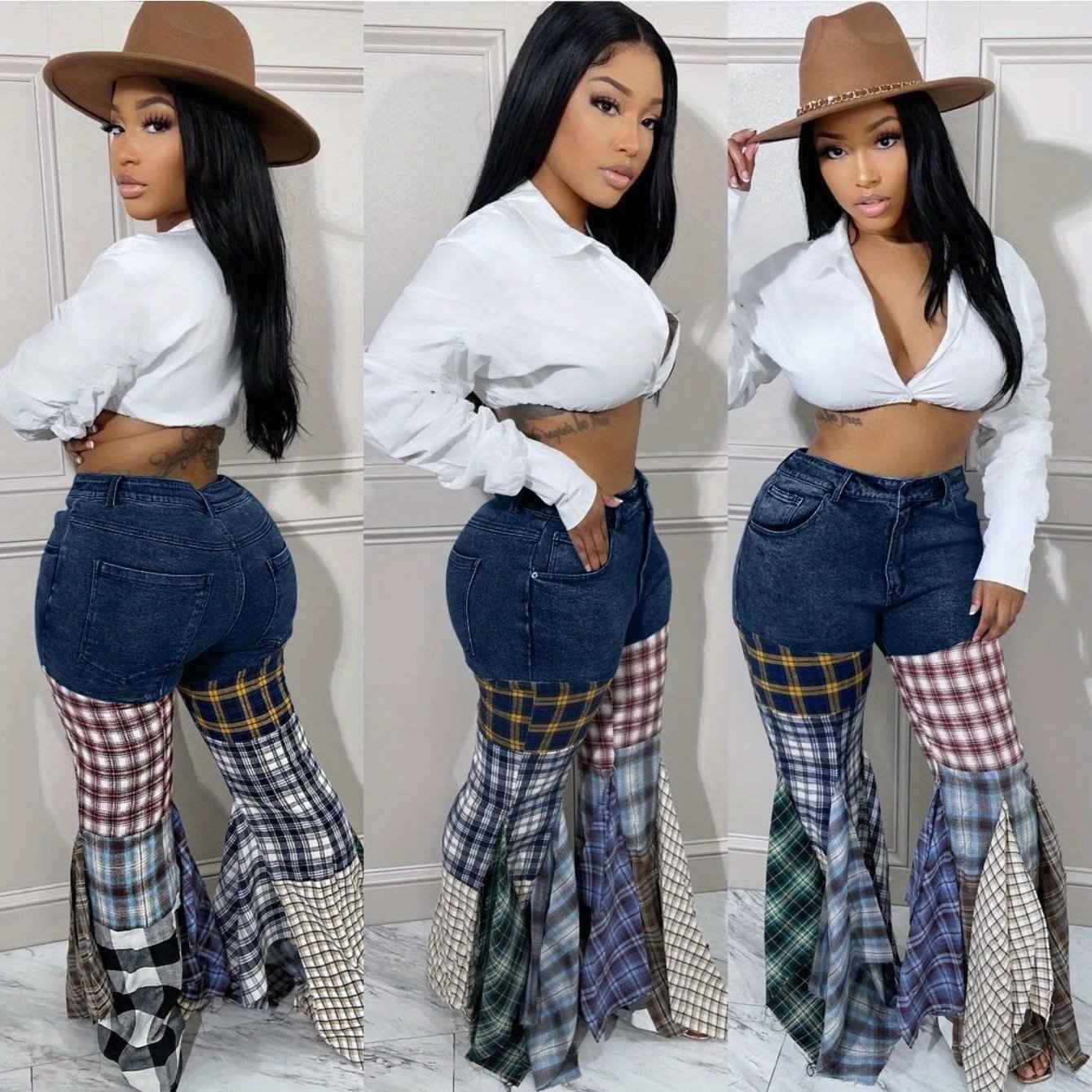 Denim Trousers for Women with a Houndstooth Pattern, Featuring Flared Legs And Ruffles.