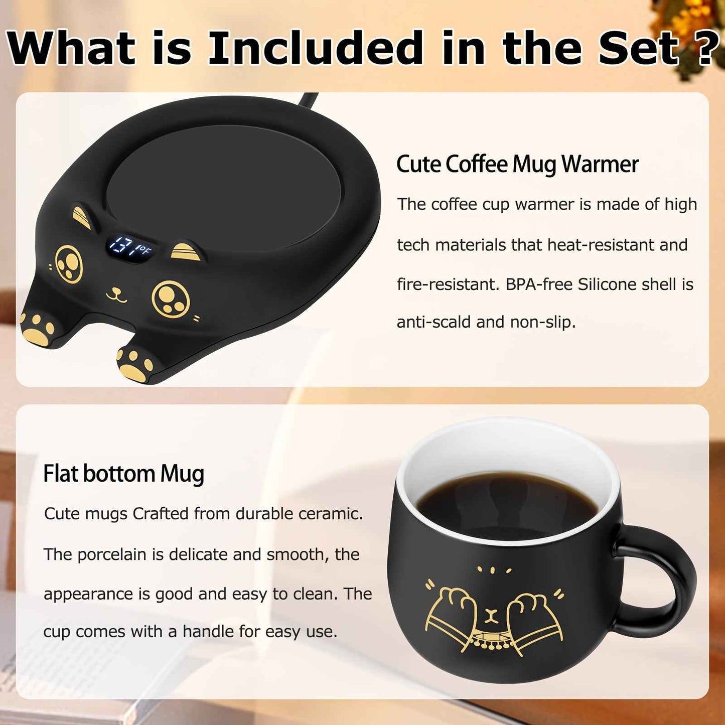 PUSEE Coffee Mug Warmer & Cute Cat Mug Set, Coffee Cup Warmer for Desk with Auto Shut Off, Beverage Warmer with 3 Temp Settings, Candle Warmer Coffee Warmer with Mug Set for Christmas & Birthday Gifts