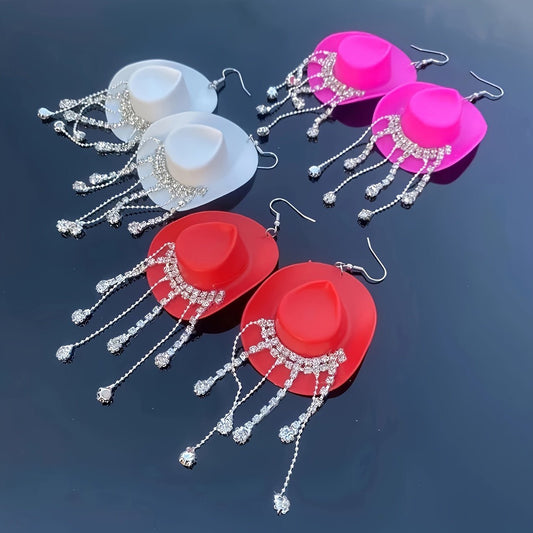 Delicate Western Cowgirl Rhinestone Hat Shaped Earrings - Tassel Dangle, Bohemian Elegant Style, Alloy Jewelry, Hypoallergenic, Nickel - Free, Perfect for Women, Girls, and Teens - Unique Ear Ornaments for Everyday Wear, Party, - SS69