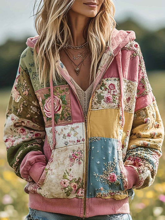 Plus Size, Women's Plus Size Vintage Bohemian Floral & plant print Hooded Jacket/Sweatshirt - Elegant Loose Fit Oversized Coat with Full-Length Zipper, H-Line Silhouette for Fall Winter Spring, Machine Washable for easy care