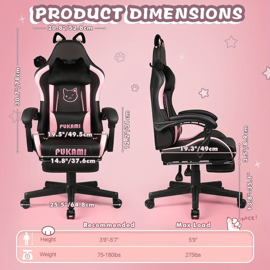 Ergonomic Faux Leather Gaming Chair with Cute Cat Ears, Black & Pink - Cozy Computer Chair with Lumbar Support & Footrest for Teens and Adults, Game Chair - SS69
