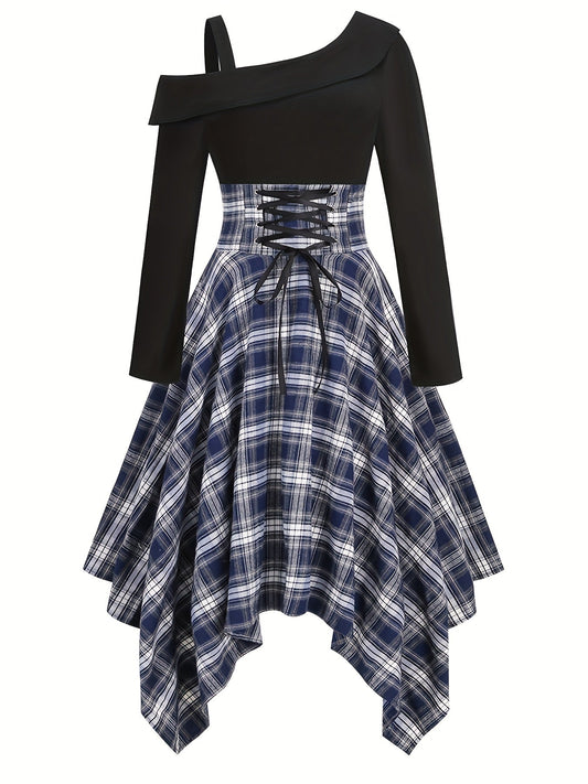 Vintage-Inspired Plaid Cocktail Dress - Fitted, Asymmetrical Neckline, Single Shoulder Strap Polyester Knit Fabric Dress for All-Season Wear SS69