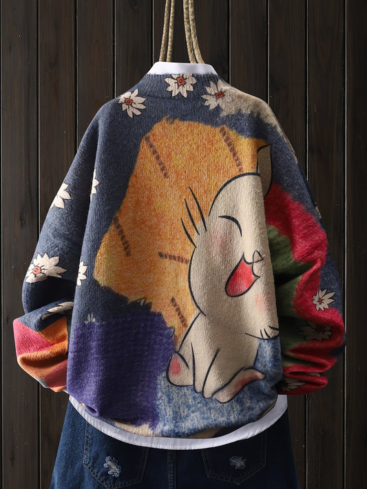 Valentine's Day Women's Mink Sweater - Cat Cartoon, White Flower Pattern, Casual Round Neck Long Sleeve Top SS69