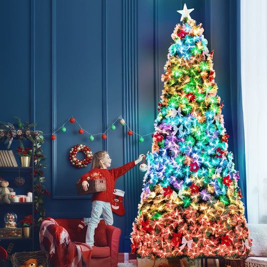Pre-lit Christmas Tree, Fiber Optic Pre-lit Christmas Tree With Artificial Flowers And Bows, Multi-color Changing LED Lights, Starlight On Top, For Home Decoration, Holiday Party SS69