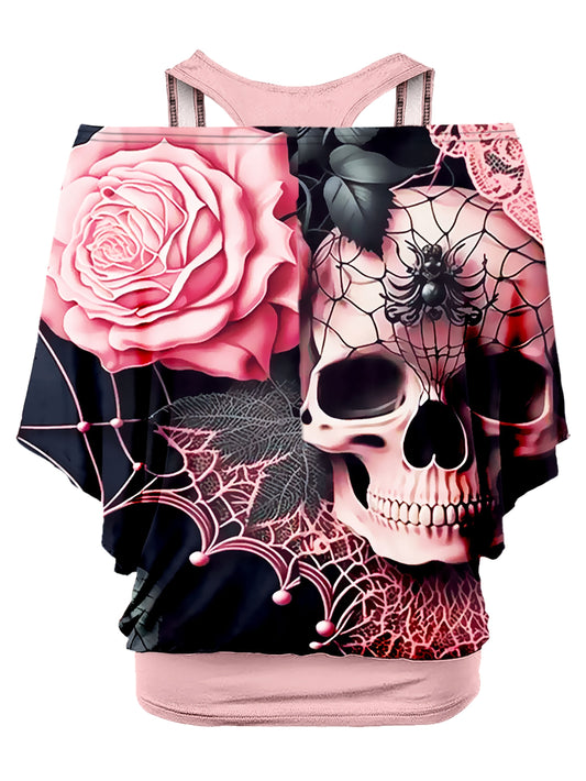 Dark Pink Women's Gothic Skull & Rose Print T-Shirt - Off-Shoulder, Loose Fit, Short Sleeve, Black Spider Web & Lace Detailing, Casual Summer Top, Relaxed Fit Tee | Unique Print Top | Digital Print Fabric, Goth T Shirt SS69