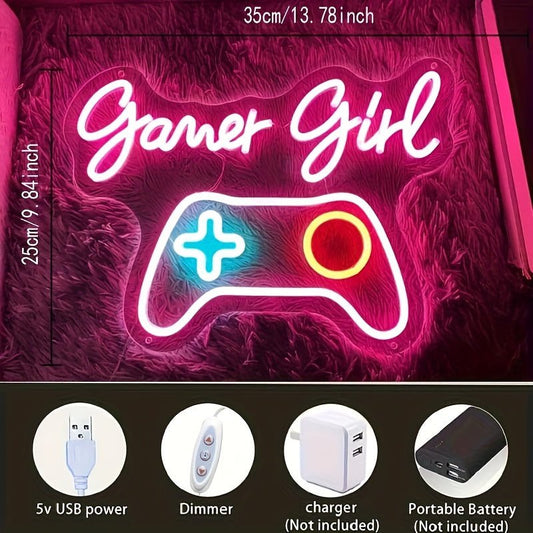 Gamer Girl Neon Sign with Game Controller Design - USB Powered, Switch Control, Pink LED Wall Art Decor for Gaming Room, Bedroom, Home - Non - Wireless, Single Color Neon, No Battery Included - SS69