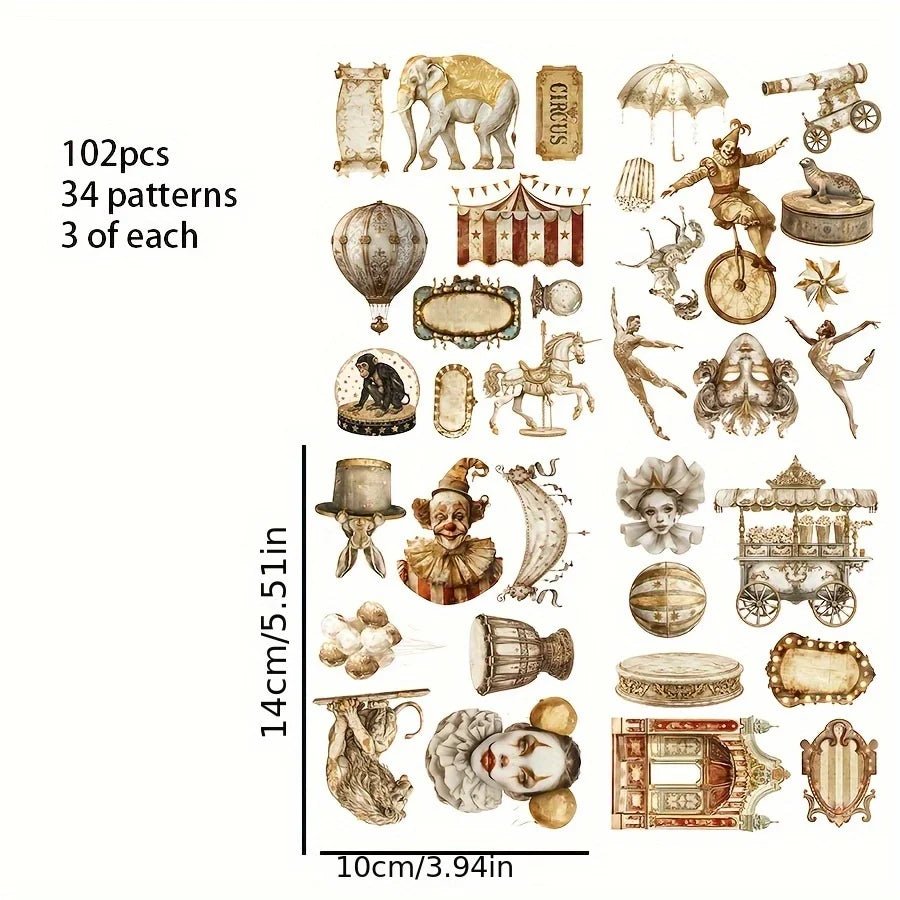JAIIMAN 81 - 102pcs Art Sticker Circus and Middle Ages with Tourist, Clown, Circus Tent Patterns, for Crafting, Scrapbooking,Decor - SS69