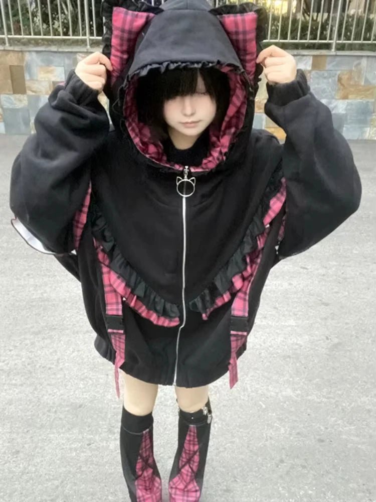 Japanese Sweet Coats Y2K Clothing Hoodie Women Tops Autumn and Winter Color Match Splicing with Thick Velvet Cardigan Jackets - SS69