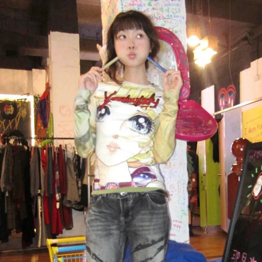 Karrram Japanese Y2k Anime Print T-shirt 2000s Aesthetics Long Sleeve Tee Shirt Vintage Harajuku Slim Tops Kawaii Lolita T Shirt - SS69