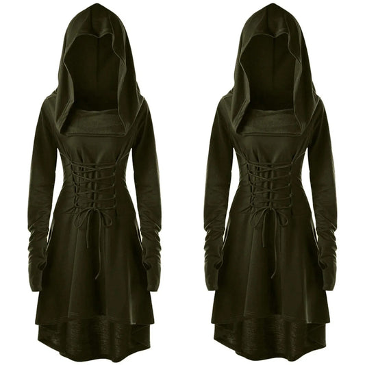Medieval Cosplay Renaissance Archer Costumes Hooded Robe Lace Up Pullover Long Hoodie Dress Cloak Halloween Party - SS69