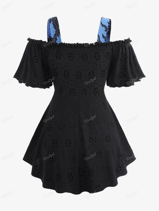 ROSEGAL Plus Size Cold Shoulder T-shirts Women's Patchwork Lace Up Floral Jacquard Laser Cut Layered Top Casual Hollow Out Tees - SS69