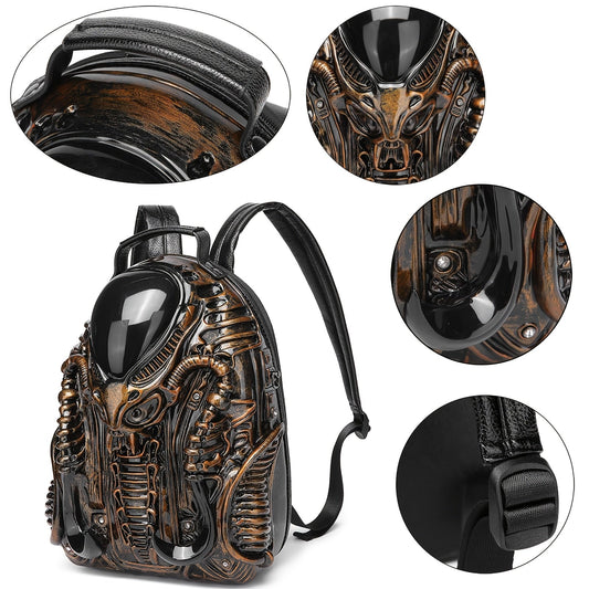 Unique 3D Alien Design Backpack - Street Punk Style, Unisex with Adjustable Straps, Zipper Closure, Black & Golden Accents, Perfect for Daily Commute, Ideal Gift for Sci - Fi and Punk Enthusiasts - SS69