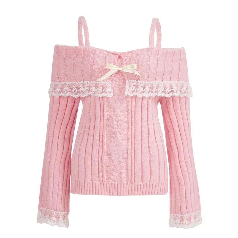 Y2k Cable Knitted Ribbon Tie - up Sweater Kawaii Lace Trim Off Shoulder Pullovers Preppy Aesthetic Vintage Jumpers Cute Outfits - SS69