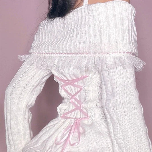 Y2k Cable Knitted Ribbon Tie - up Sweater Kawaii Lace Trim Off Shoulder Pullovers Preppy Aesthetic Vintage Jumpers Cute Outfits - SS69