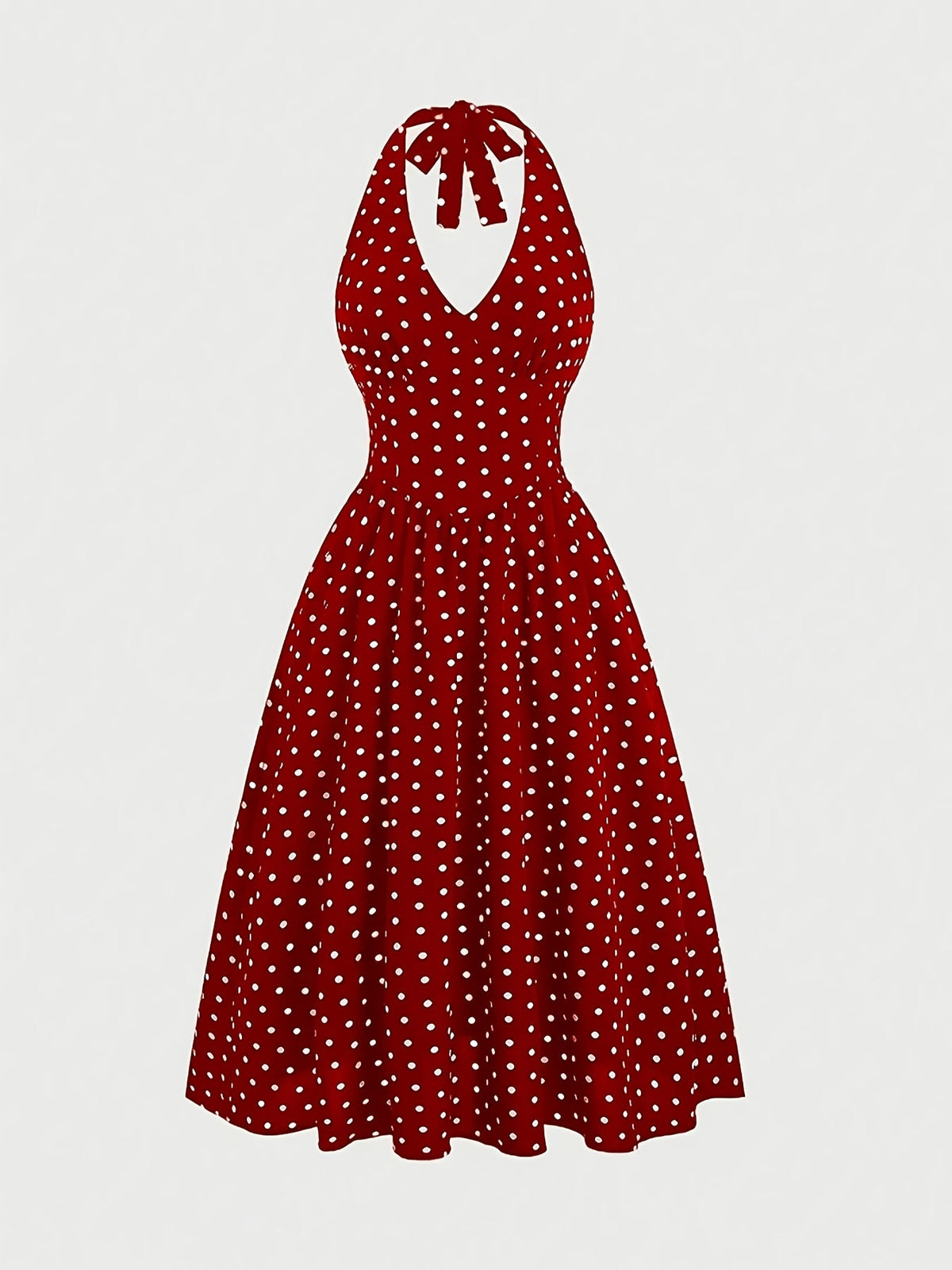 Elegant Style | Elegant Red Polka Dot Halter Dress with Tie-Back Detail - Backless A-Line Swing Dress for Women, Machine Washable Polyester, All-Season Glamour, Cocktail Attire | Aline Silhouette | Smooth Texture SS69