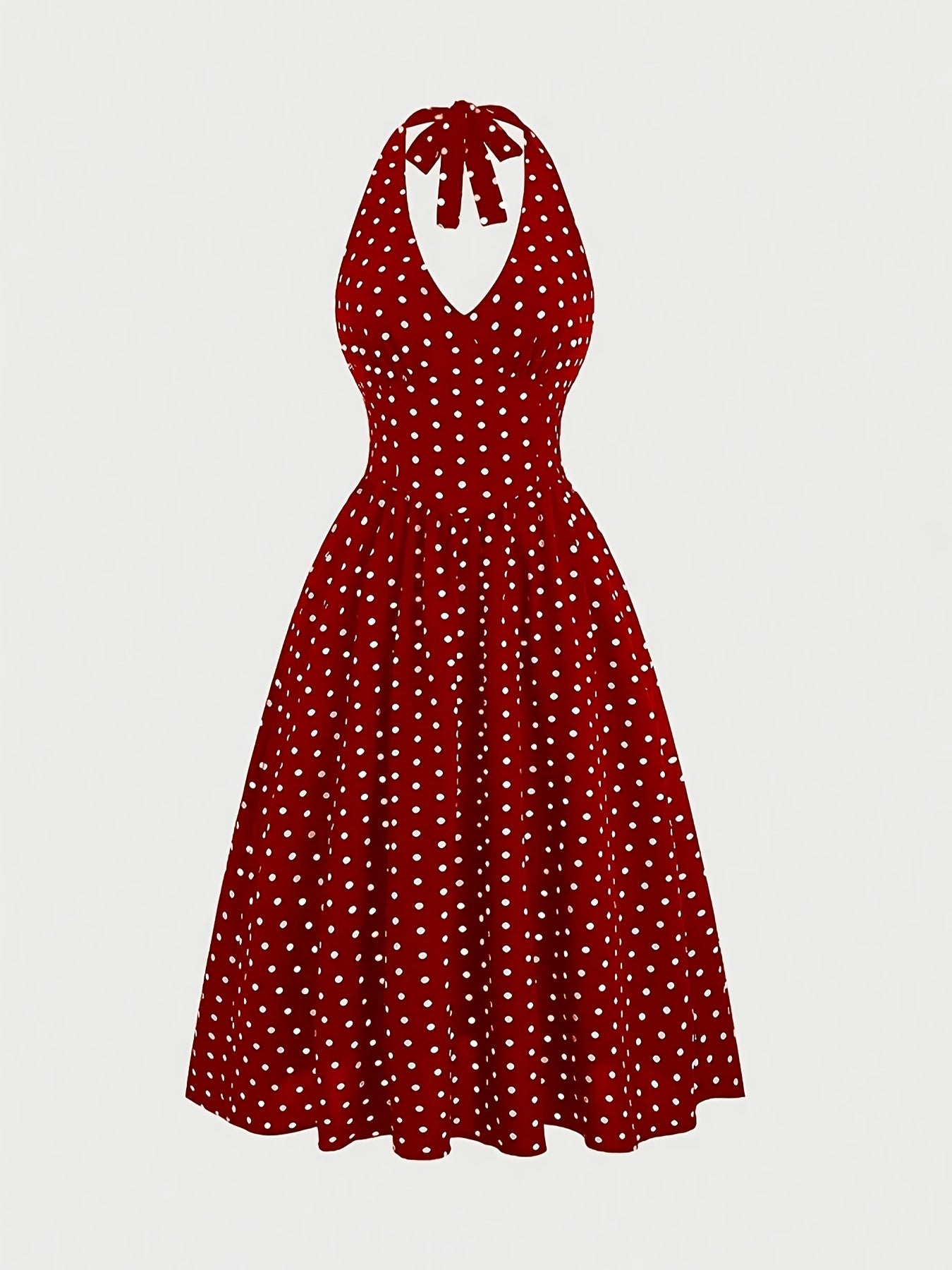 Elegant Style | Elegant Red Polka Dot Halter Dress with Tie-Back Detail - Backless A-Line Swing Dress for Women, Machine Washable Polyester, All-Season Glamour, Cocktail Attire | Aline Silhouette | Smooth Texture SS69