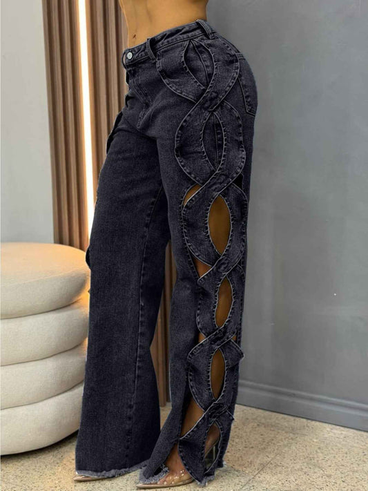 Women'S High-Waisted Wide-Leg Jeans with S-curve Side Cut-Out Design - Stretch Denim, Comfort Fit Leg-Lengthening Pants for Spring/Summer Streetwear & Date Nights, High Waisted Jeans, Date Night Attire, Fashionforward Look, S
