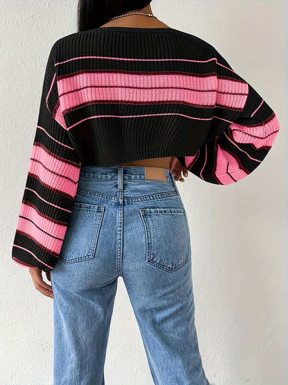 [Boat Neck Striped Pullover] Striped Boat Neck Pullover Sweater, Elegant Lantern Sleeve Drop Shoulder Crop Sweater, Women's Clothing SS69