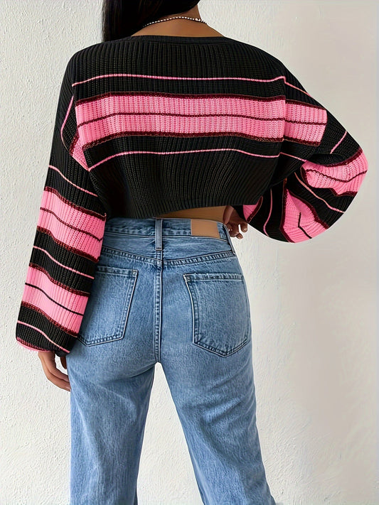 [Boat Neck Striped Pullover] Striped Boat Neck Pullover Sweater, Elegant Lantern Sleeve Drop Shoulder Crop Sweater, Women's Clothing SS69