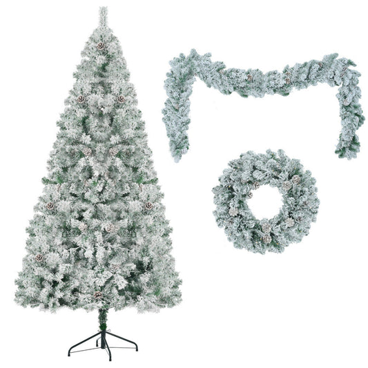 RIDFY 6FT Snow Flocked Christmas Tree, Pre-Lit Set with Tree & Garland & Wreath, Artificial Hinged Xmas Tree with Colorful LED Lights, 8 Lighting Modes, Pine Cones, Holiday Decor for Home SS69