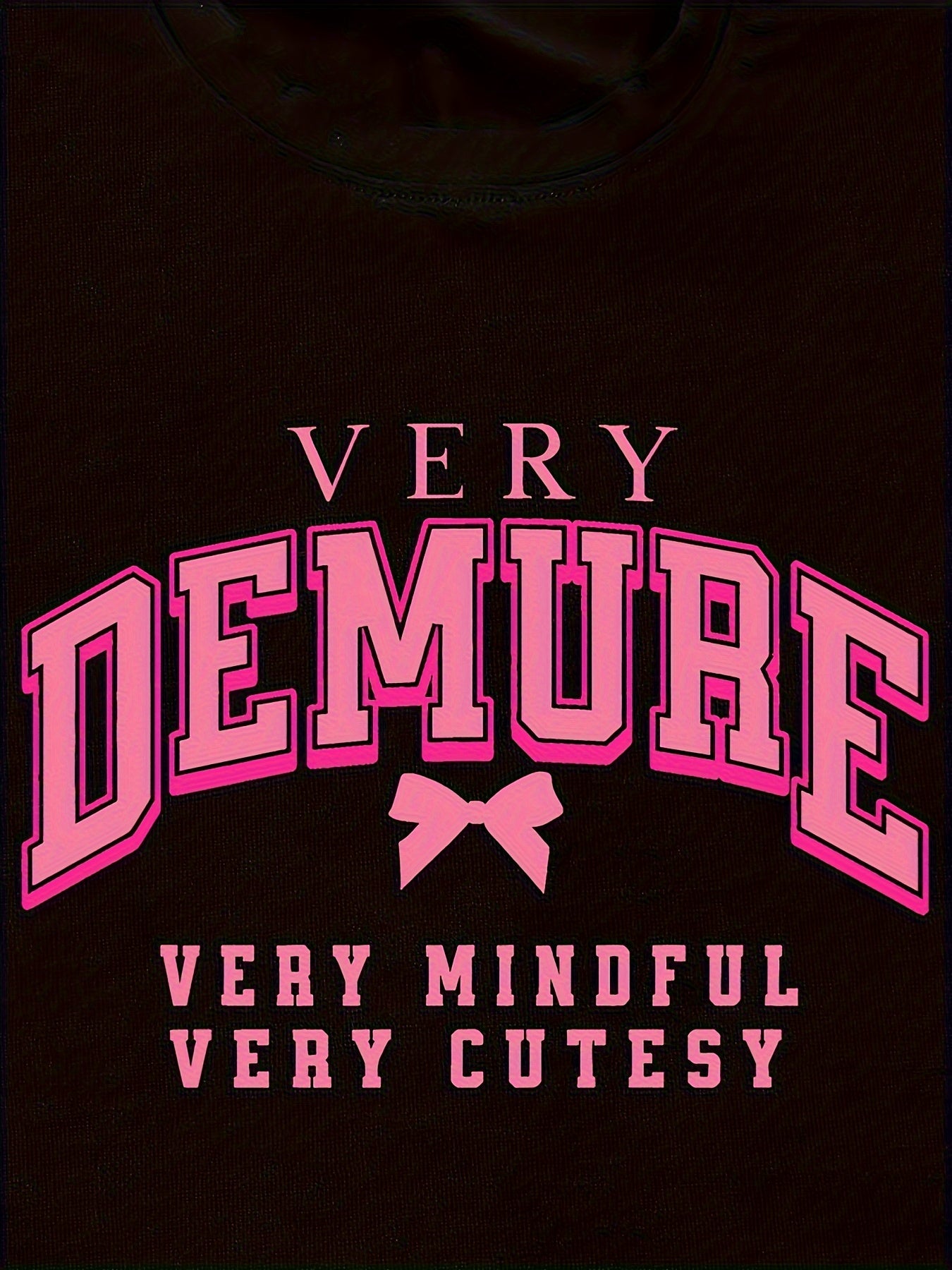 [Soft Graphic Tee] Soft Knit Women's Casual "Very Demure" Graphic Tee - Short Sleeve, Round Neck, Spring/Summer Fashion Top, White with Pink Print, Nontransparent Material, Bow Detail Shirt, Fitness Attire SS69