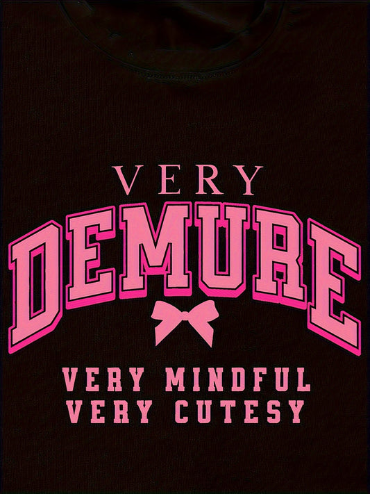 [Soft Graphic Tee] Soft Knit Women's Casual "Very Demure" Graphic Tee - Short Sleeve, Round Neck, Spring/Summer Fashion Top, White with Pink Print, Nontransparent Material, Bow Detail Shirt, Fitness Attire SS69