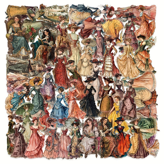 50pcs YWWBLD Vintage European & American Character Stickers - Transparent, Matte Finish, Polyethylene Terephthalate, Self-Adhesive for Scrapbooking, Luggage & Room Decorations SS69