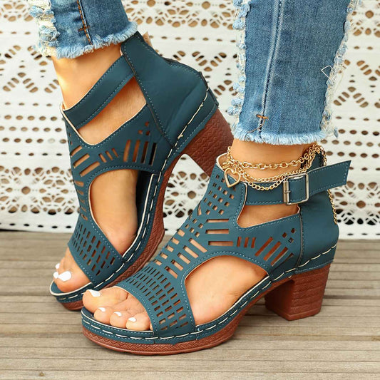 Women'S Summer Open-Toe Heel Sandals- Black Perforated Hollow Design, Ankle Strap And Zipper Closure, Stylish Breathable Casual Outdoor Shoes, Large-Size High-Heeled Sandals, Size US6-US11