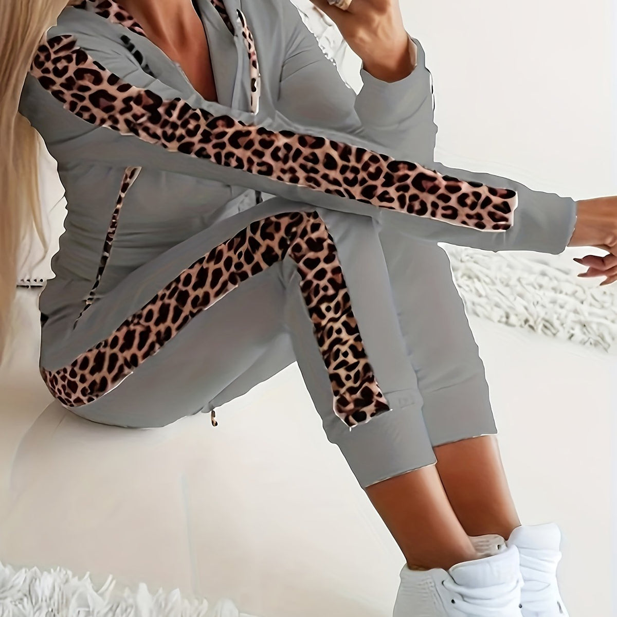 Two-piece Set, Long Sleeve Leopard Print Zip Up Hoodie & Drawstring Pants Outfits, Women's Casual Clothing SS69 27.69 grey / XXL