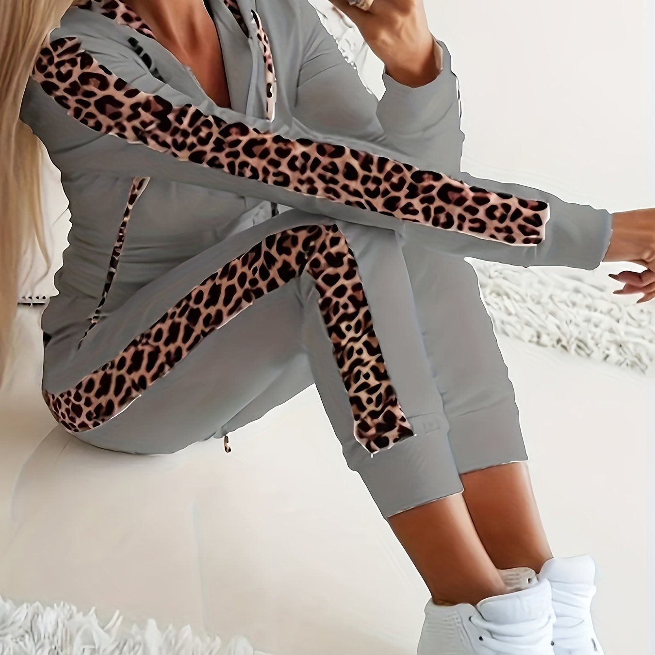 Two-piece Set, Long Sleeve Leopard Print Zip Up Hoodie & Drawstring Pants Outfits, Women's Casual Clothing SS69 27.69 grey / XXL